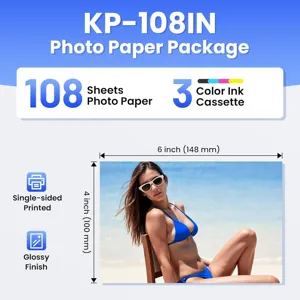 Kit de papier photo KP-108IN avec 108 feuilles et 3 cassettes d'encre pour imprimantes.