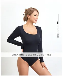 Black long sleeve bodysuit shapewear for women, slim fit stretch seamless underwear.