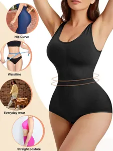 Black sleeveless shapewear bodysuit with tummy control and hip lifting, perfect for daily wear.