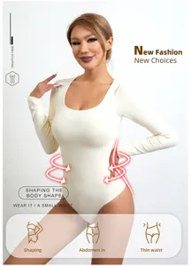 Seamless long sleeve body shaper detail showing tummy control and slim waist design.