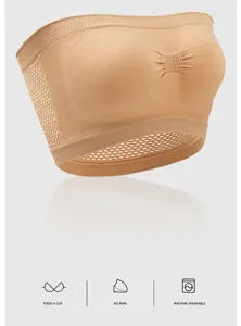 Detailed view of breathable mesh strapless tube top, featuring fixed cup and seamless design.