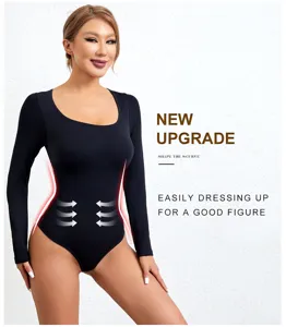 Detailed view of the black long sleeve bodysuit, showing seamless slim fit and body shaping design.