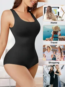 Details of women black seamless shapewear bodysuit waist trainer tummy control body shaper.