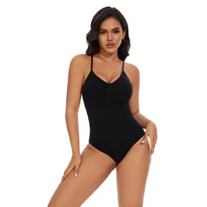 Seamless black shapewear bodysuit detail view showing V-neck and slim fit shaping design.