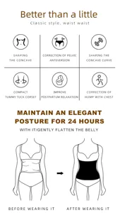 Detailed feature chart showing waist trainer shaping effects, tummy control and posture correction.