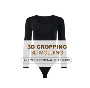 Black long sleeve bodysuit detail, seamless 3D cropping shapewear design for women body shaping.