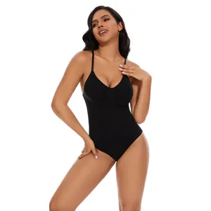 Detailed view of the black seamless shaping bodysuit showing V-neck and strap design.