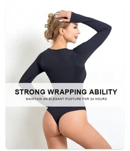 Detailed back view of seamless long sleeve shapewear bodysuit showing wrapping and shaping effect.