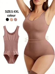 Detailed view of seamless shapewear bodysuit featuring tummy control and open crotch design.