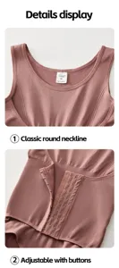 Dettaglio body modellante senza cuciture da donna con bottoni, scollo rotondo classico e regolabile.