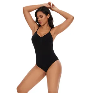 Seamless black shapewear bodysuit, tummy control waist trainer and breathable lift detail.