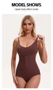 Women brown strap bodysuit shapewear, tummy control waist cincher, upper body detail.