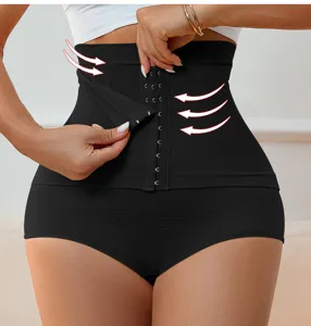 Close-up detail showing the waist-cinching hook and eye closure and high compression fabric.