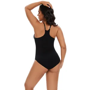 Women black seamless thong bodysuit shapewear back view detail, slim waist and lift hip design.