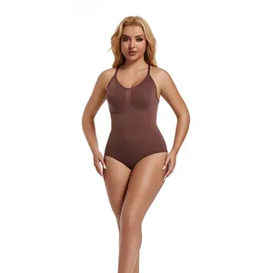 Detailed view of the seamless shaping bodysuit in brown, featuring supportive cups and straps.