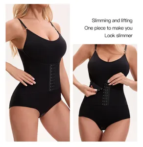 Close-up view of the black body shaper featuring secure hook-and-eye closures and straps.