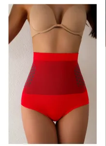 High waist tummy control shapewear briefs detail showing seamless breathable red design.