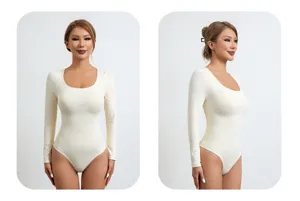 Close-up detail of women seamless long sleeve shaping bodysuit, snug fit and smooth fabric.