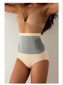High waist seamless tummy control shaping briefs for women, breathable postpartum body shaper.