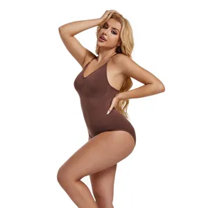 Detail view of brown seamless shapewear bodysuit featuring tummy control and lifting design.