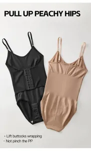 Adjustable strap shapewear bodysuit detail, featuring front hook closure and peach butt lift design.