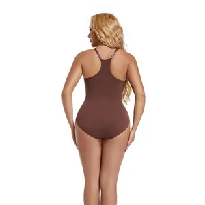 Seamless brown shaping bodysuit back view, tummy control waist cincher underwear detail.