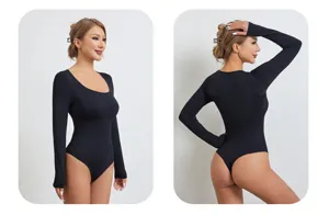Black long sleeve bodysuit detail view showcasing the slim fit and round neck design.