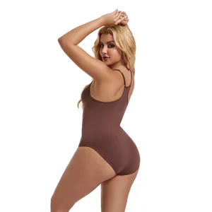 Detail view of the brown seamless body shaper, showcasing tummy control and hip lifting.