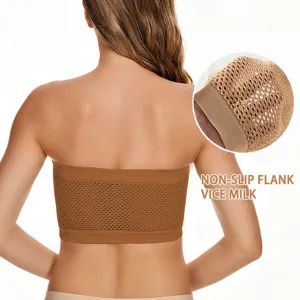 Seamless strapless bandeau bra for women, breathable mesh tube top with anti-slip flank design.