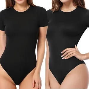 Detail view of the sexy black short sleeve shapewear bodysuit, showing snug fit and high cut design.