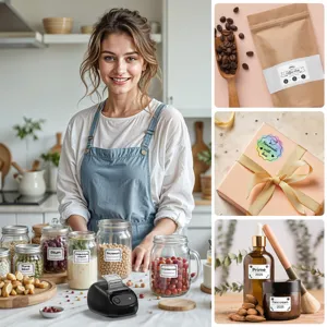 Detailed view of portable label printer application scenarios in kitchen, cosmetics, and packaging.