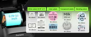 Phomemo portable Bluetooth thermal label printer detail showing various label sizes and types.