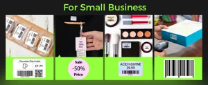 Detailed view of label printer applications, showing thermal stickers on food, apparel, and boxes.