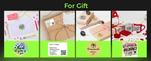 Thermal label stickers and decorative tape details showing various gift packaging application scenes.