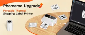 Detail view of portable thermal shipping label printer with Bluetooth connection and rolls.