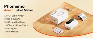 Detailed view of Phomemo portable label maker set with printer, cable, and paper roll.