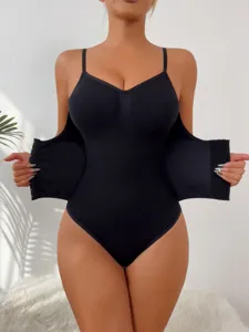 Black tummy control bodysuit shapewear with waist cincher and double hook closure.