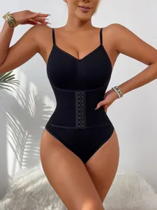 Black waist trainer bodysuit with hook closure, shaping shapewear for women slim fit.