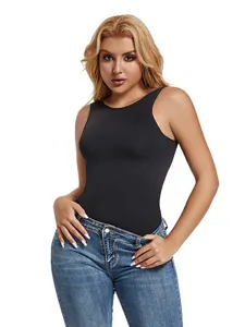 Close-up detail of the seamless black body shaper vest, showcasing smooth fabric and fit.