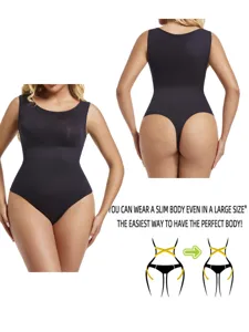 Plus size seamless black thong shapewear bodysuit for women tummy control and slim waist.