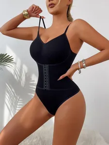 Black shaping bodysuit with hook closure for waist slimming, comfortable tummy control wear.