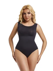 Detail view of black seamless shapewear bodysuit, sleeveless scoop neck design for women.