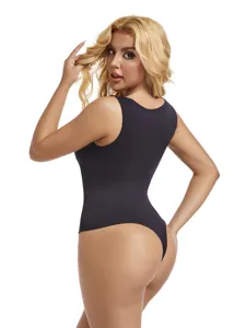 Detailed view of women plus size black thong bodysuit shaping vest, back view display.
