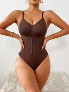 Brown waist trainer bodysuit for women, double layer tummy control shaping underwear.