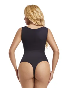 Detailed rear view of seamless black plus size thong shapewear bodysuit for women.