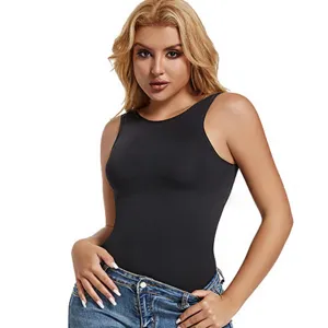 Plus size seamless body shaper for women tummy control shaping black tank top bodysuit.