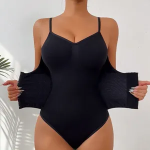 Black one-piece body shaper with hook waist cincher, double tummy control shapewear bodysuit.