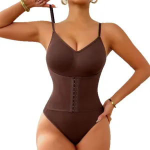Women's brown shapewear bodysuit tummy control waist cincher with hook and straps.
