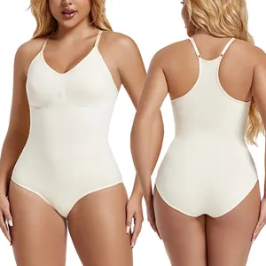 Seamless thong bodysuit shapewear tummy control body shaper for women beige adjustable strap