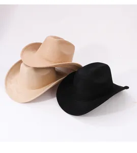 Detailed view of suede western cowboy hats in khaki and black colors with rolled brim.